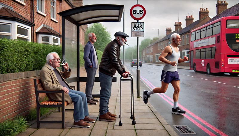 Elderly men waiting at a bus stop